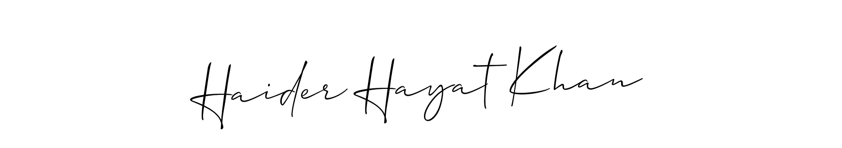 Allison_Script is a professional signature style that is perfect for those who want to add a touch of class to their signature. It is also a great choice for those who want to make their signature more unique. Get Haider Hayat Khan name to fancy signature for free. Haider Hayat Khan signature style 2 images and pictures png