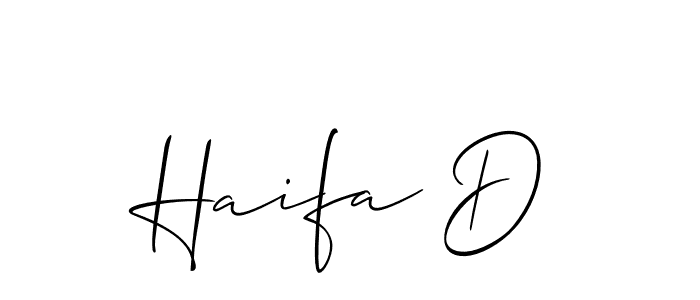 The best way (Allison_Script) to make a short signature is to pick only two or three words in your name. The name Haifa D include a total of six letters. For converting this name. Haifa D signature style 2 images and pictures png