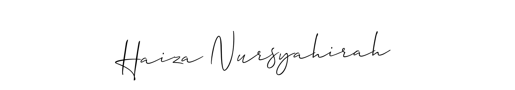 Allison_Script is a professional signature style that is perfect for those who want to add a touch of class to their signature. It is also a great choice for those who want to make their signature more unique. Get Haiza Nursyahirah name to fancy signature for free. Haiza Nursyahirah signature style 2 images and pictures png