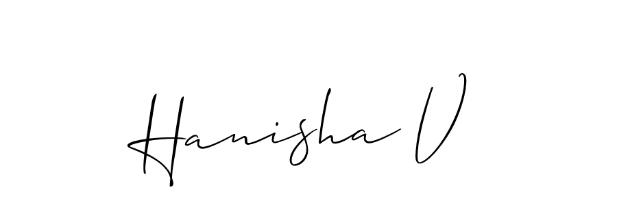 Also You can easily find your signature by using the search form. We will create Hanisha V name handwritten signature images for you free of cost using Allison_Script sign style. Hanisha V signature style 2 images and pictures png