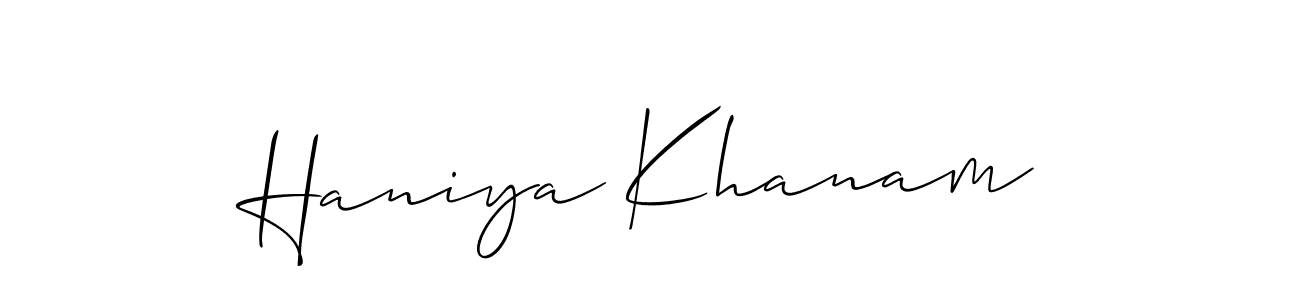 Also You can easily find your signature by using the search form. We will create Haniya Khanam name handwritten signature images for you free of cost using Allison_Script sign style. Haniya Khanam signature style 2 images and pictures png