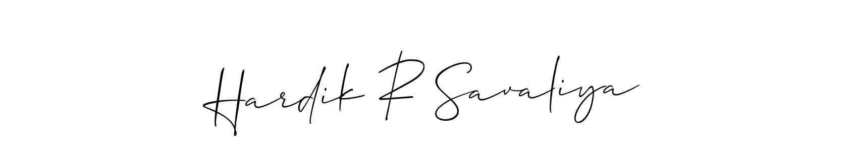 The best way (Allison_Script) to make a short signature is to pick only two or three words in your name. The name Hardik R Savaliya include a total of six letters. For converting this name. Hardik R Savaliya signature style 2 images and pictures png