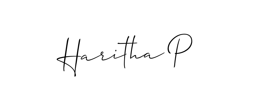 The best way (Allison_Script) to make a short signature is to pick only two or three words in your name. The name Haritha P include a total of six letters. For converting this name. Haritha P signature style 2 images and pictures png