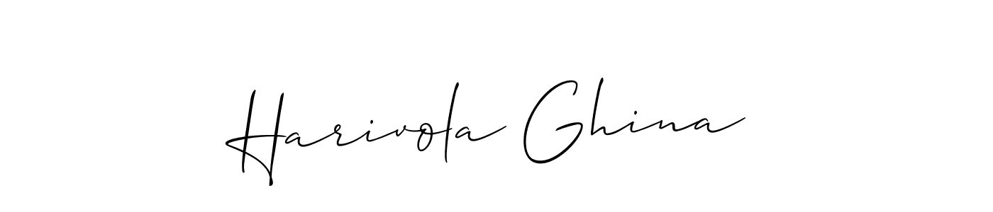 The best way (Allison_Script) to make a short signature is to pick only two or three words in your name. The name Harivola Ghina include a total of six letters. For converting this name. Harivola Ghina signature style 2 images and pictures png
