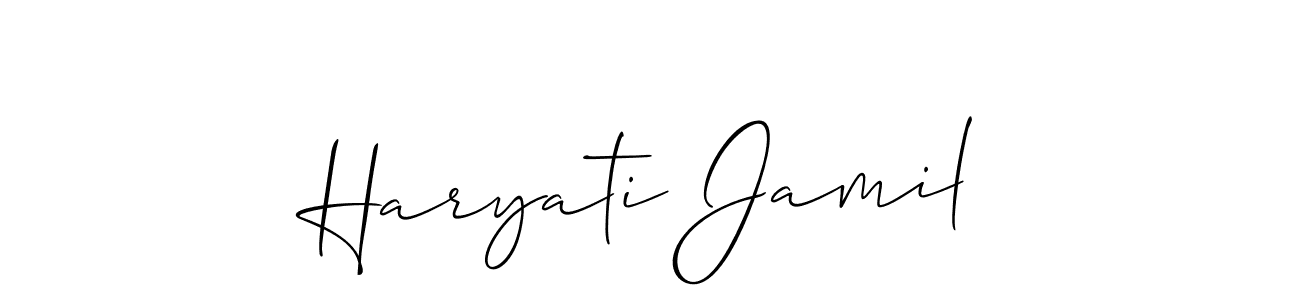 Also You can easily find your signature by using the search form. We will create Haryati Jamil name handwritten signature images for you free of cost using Allison_Script sign style. Haryati Jamil signature style 2 images and pictures png