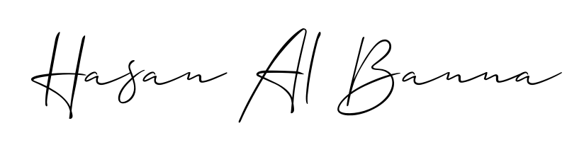 A sleek calligraphic signature for name Hasan Al Banna utilizing Allison_Script styling. Great for adding personal signatures to photos and art. Hasan Al Banna signature style 2 images and pictures png