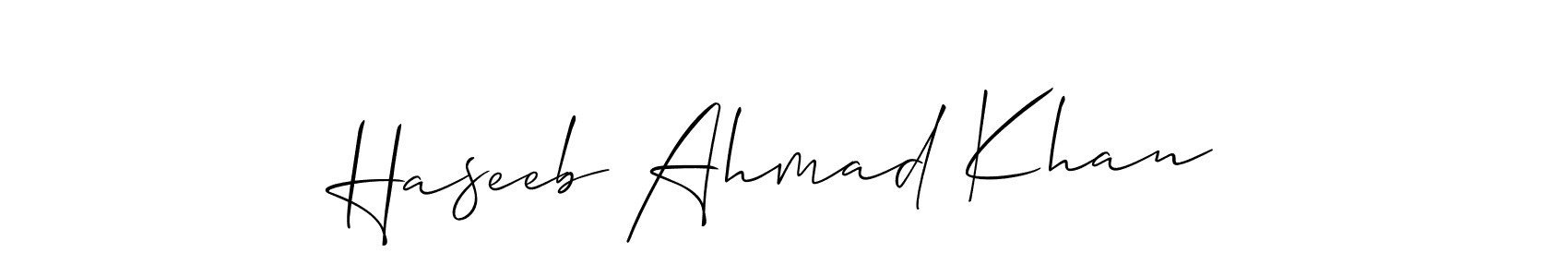 Allison_Script is a professional signature style that is perfect for those who want to add a touch of class to their signature. It is also a great choice for those who want to make their signature more unique. Get Haseeb Ahmad Khan name to fancy signature for free. Haseeb Ahmad Khan signature style 2 images and pictures png