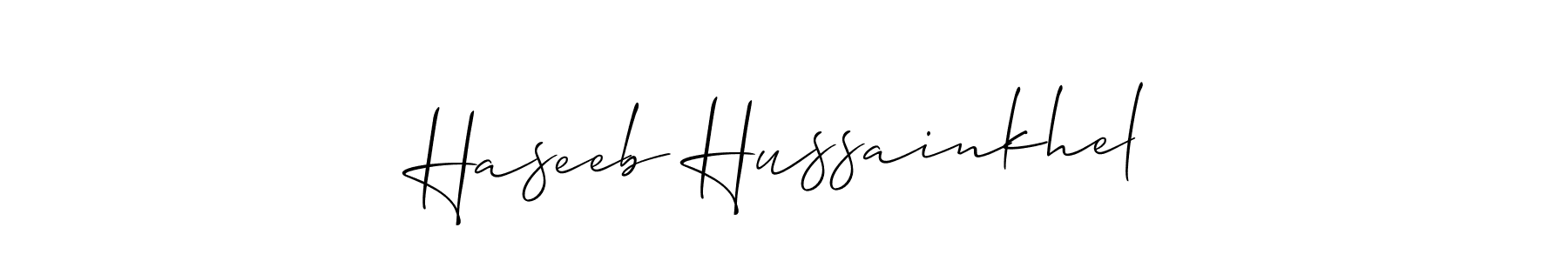 The best way (Allison_Script) to make a short signature is to pick only two or three words in your name. The name Haseeb Hussainkhel include a total of six letters. For converting this name. Haseeb Hussainkhel signature style 2 images and pictures png
