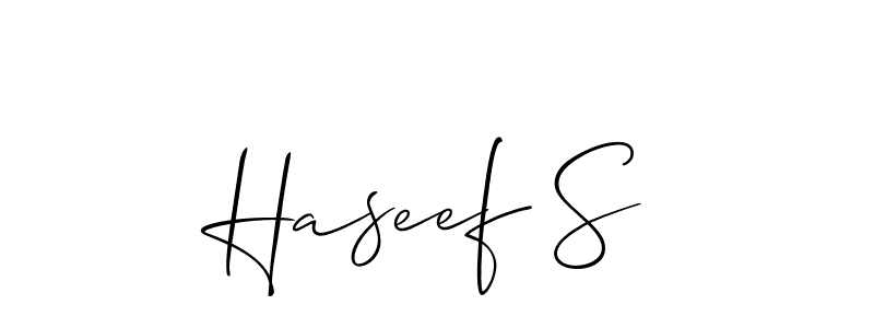 The best way (Allison_Script) to make a short signature is to pick only two or three words in your name. The name Haseef S include a total of six letters. For converting this name. Haseef S signature style 2 images and pictures png