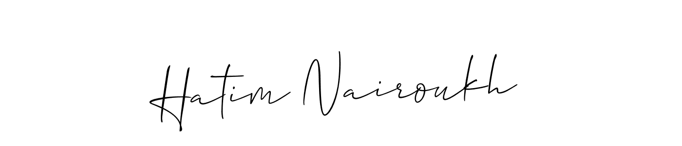 The best way (Allison_Script) to make a short signature is to pick only two or three words in your name. The name Hatim Nairoukh include a total of six letters. For converting this name. Hatim Nairoukh signature style 2 images and pictures png