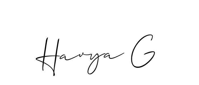 The best way (Allison_Script) to make a short signature is to pick only two or three words in your name. The name Havya G include a total of six letters. For converting this name. Havya G signature style 2 images and pictures png