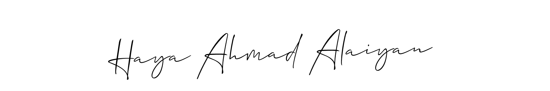 if you are searching for the best signature style for your name Haya Ahmad Alaiyan. so please give up your signature search. here we have designed multiple signature styles  using Allison_Script. Haya Ahmad Alaiyan signature style 2 images and pictures png