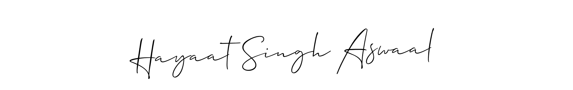This is the best signature style for the Hayaat Singh Aswaal name. Also you like these signature font (Allison_Script). Mix name signature. Hayaat Singh Aswaal signature style 2 images and pictures png