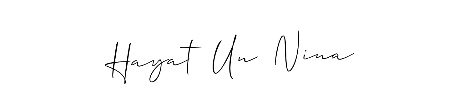 The best way (Allison_Script) to make a short signature is to pick only two or three words in your name. The name Hayat  Un  Nina include a total of six letters. For converting this name. Hayat  Un  Nina signature style 2 images and pictures png