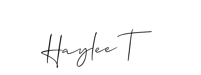 The best way (Allison_Script) to make a short signature is to pick only two or three words in your name. The name Haylee T include a total of six letters. For converting this name. Haylee T signature style 2 images and pictures png