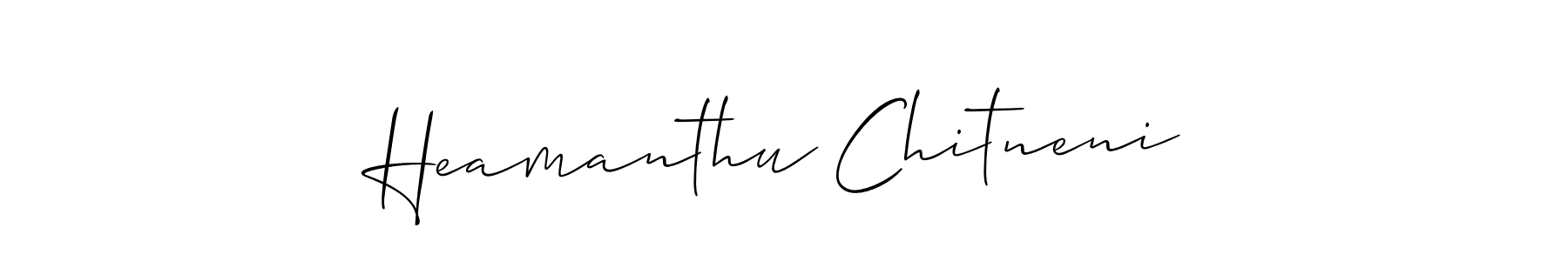 Also You can easily find your signature by using the search form. We will create Heamanthu Chitneni name handwritten signature images for you free of cost using Allison_Script sign style. Heamanthu Chitneni signature style 2 images and pictures png