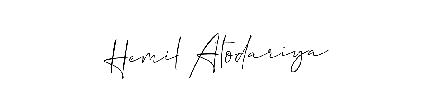 Allison_Script is a professional signature style that is perfect for those who want to add a touch of class to their signature. It is also a great choice for those who want to make their signature more unique. Get Hemil Atodariya name to fancy signature for free. Hemil Atodariya signature style 2 images and pictures png