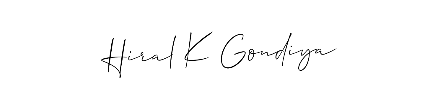 How to make Hiral K Gondiya name signature. Use Allison_Script style for creating short signs online. This is the latest handwritten sign. Hiral K Gondiya signature style 2 images and pictures png