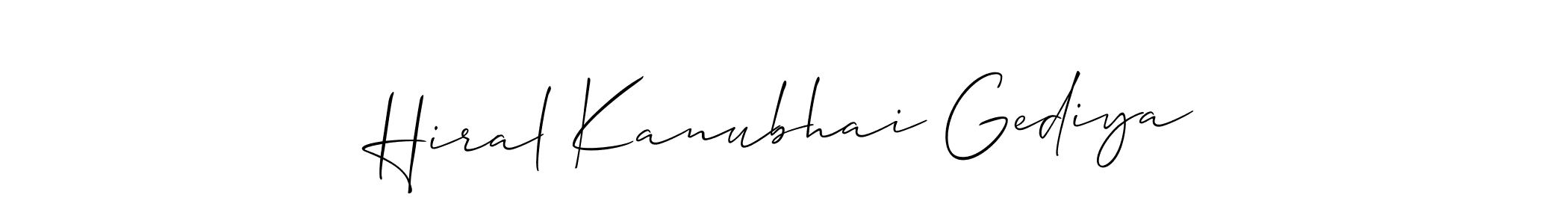 Similarly Allison_Script is the best handwritten signature design. Signature creator online .You can use it as an online autograph creator for name Hiral Kanubhai Gediya. Hiral Kanubhai Gediya signature style 2 images and pictures png