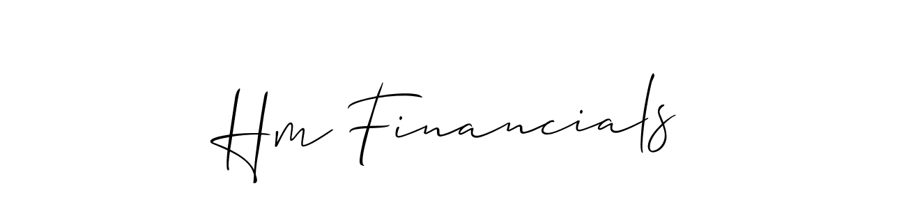 The best way (Allison_Script) to make a short signature is to pick only two or three words in your name. The name Hm Financials include a total of six letters. For converting this name. Hm Financials signature style 2 images and pictures png