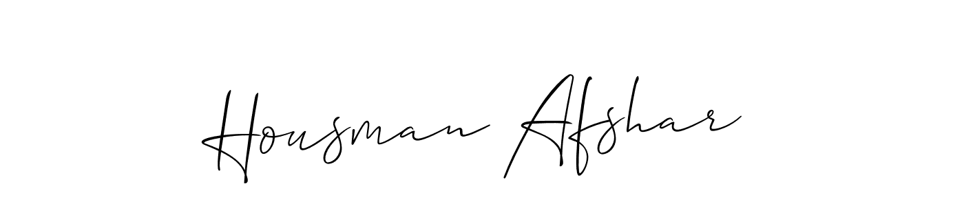 The best way (Allison_Script) to make a short signature is to pick only two or three words in your name. The name Housman Afshar include a total of six letters. For converting this name. Housman Afshar signature style 2 images and pictures png