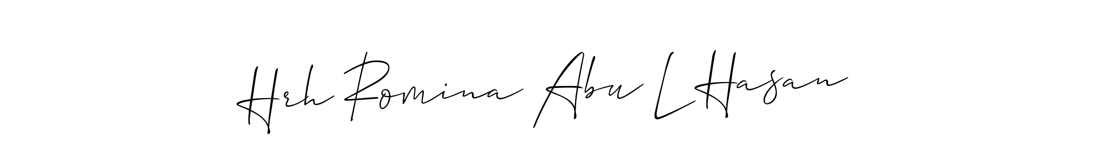 Similarly Allison_Script is the best handwritten signature design. Signature creator online .You can use it as an online autograph creator for name Hrh Romina Abu L Hasan. Hrh Romina Abu L Hasan signature style 2 images and pictures png