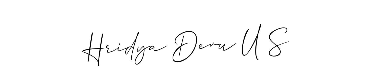 How to make Hridya Devu U S name signature. Use Allison_Script style for creating short signs online. This is the latest handwritten sign. Hridya Devu U S signature style 2 images and pictures png