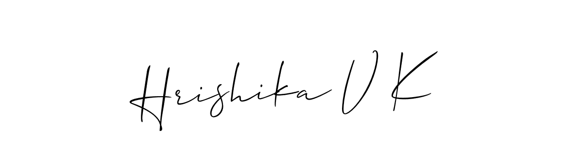 The best way (Allison_Script) to make a short signature is to pick only two or three words in your name. The name Hrishika V K include a total of six letters. For converting this name. Hrishika V K signature style 2 images and pictures png