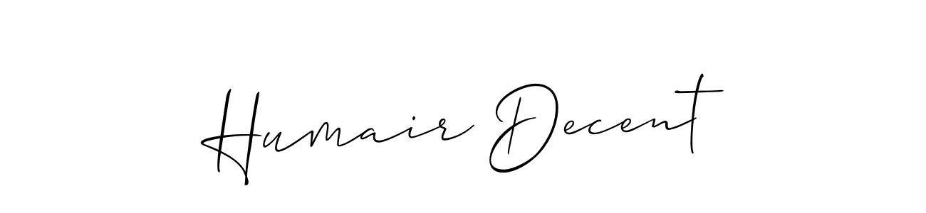 It looks lik you need a new signature style for name Humair Decent. Design unique handwritten (Allison_Script) signature with our free signature maker in just a few clicks. Humair Decent signature style 2 images and pictures png