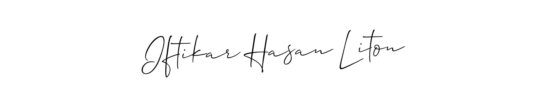 The best way (Allison_Script) to make a short signature is to pick only two or three words in your name. The name Iftikar Hasan Liton include a total of six letters. For converting this name. Iftikar Hasan Liton signature style 2 images and pictures png