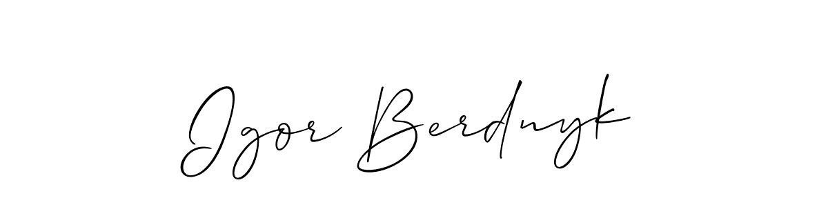 The best way (Allison_Script) to make a short signature is to pick only two or three words in your name. The name Igor Berdnyk include a total of six letters. For converting this name. Igor Berdnyk signature style 2 images and pictures png