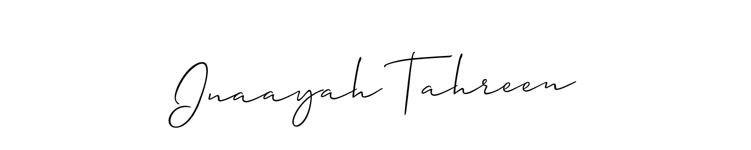 Allison_Script is a professional signature style that is perfect for those who want to add a touch of class to their signature. It is also a great choice for those who want to make their signature more unique. Get Inaayah Tahreen name to fancy signature for free. Inaayah Tahreen signature style 2 images and pictures png