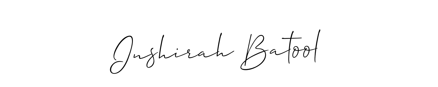 The best way (Allison_Script) to make a short signature is to pick only two or three words in your name. The name Inshirah Batool include a total of six letters. For converting this name. Inshirah Batool signature style 2 images and pictures png