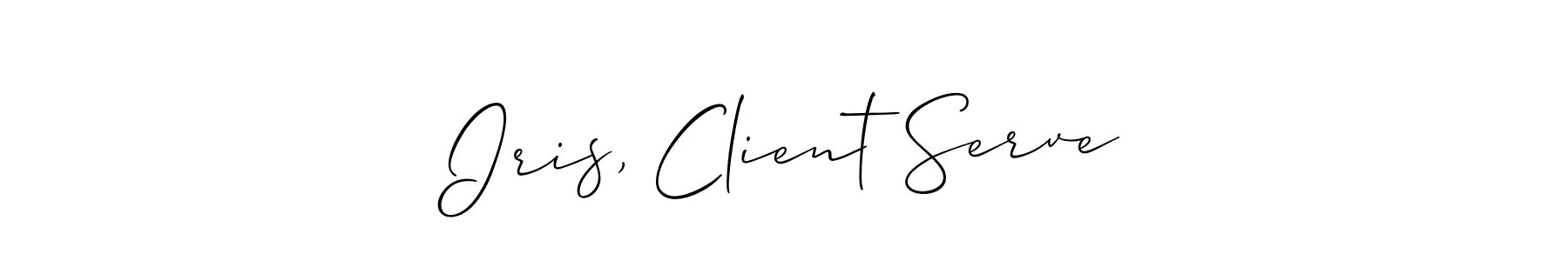Make a short Iris, Client Serve signature style. Manage your documents anywhere anytime using Allison_Script. Create and add eSignatures, submit forms, share and send files easily. Iris, Client Serve signature style 2 images and pictures png