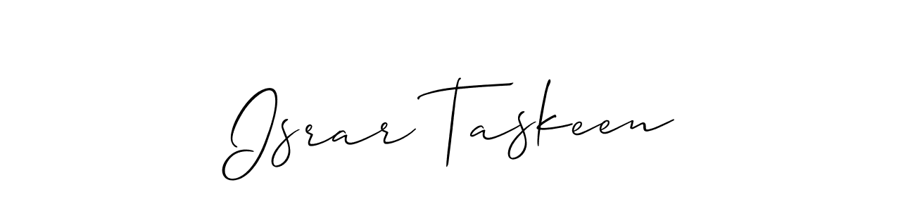 The best way (Allison_Script) to make a short signature is to pick only two or three words in your name. The name Israr Taskeen include a total of six letters. For converting this name. Israr Taskeen signature style 2 images and pictures png