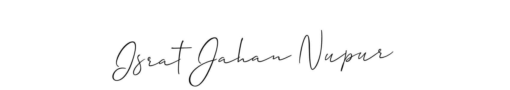 Allison_Script is a professional signature style that is perfect for those who want to add a touch of class to their signature. It is also a great choice for those who want to make their signature more unique. Get Israt Jahan Nupur name to fancy signature for free. Israt Jahan Nupur signature style 2 images and pictures png