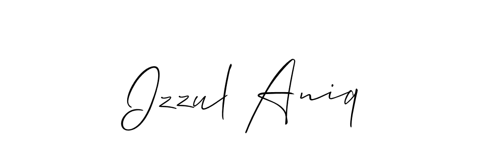 The best way (Allison_Script) to make a short signature is to pick only two or three words in your name. The name Izzul Aniq include a total of six letters. For converting this name. Izzul Aniq signature style 2 images and pictures png