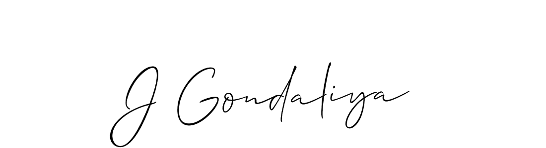 Make a short J Gondaliya signature style. Manage your documents anywhere anytime using Allison_Script. Create and add eSignatures, submit forms, share and send files easily. J Gondaliya signature style 2 images and pictures png