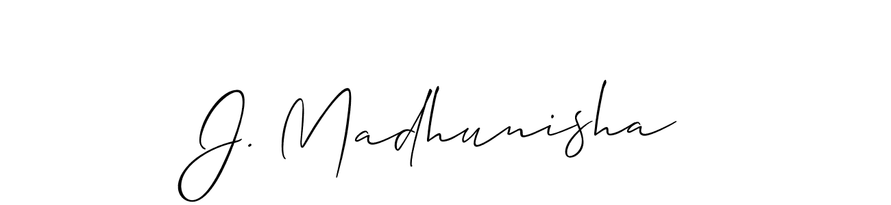 The best way (Allison_Script) to make a short signature is to pick only two or three words in your name. The name J. Madhunisha include a total of six letters. For converting this name. J. Madhunisha signature style 2 images and pictures png