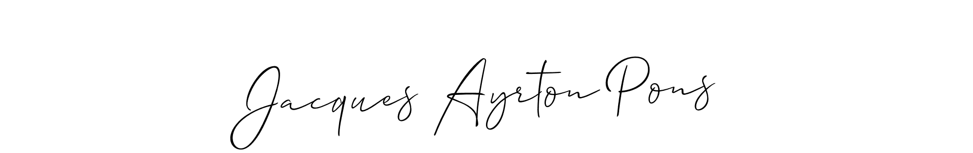 The best way (Allison_Script) to make a short signature is to pick only two or three words in your name. The name Jacques Ayrton Pons include a total of six letters. For converting this name. Jacques Ayrton Pons signature style 2 images and pictures png