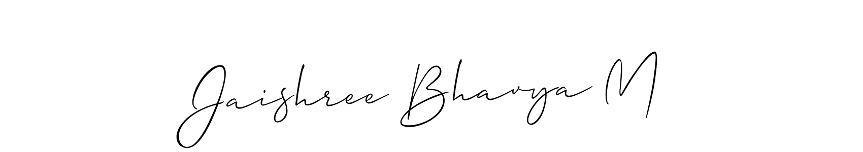 Make a beautiful signature design for name Jaishree Bhavya M. With this signature (Allison_Script) style, you can create a handwritten signature for free. Jaishree Bhavya M signature style 2 images and pictures png