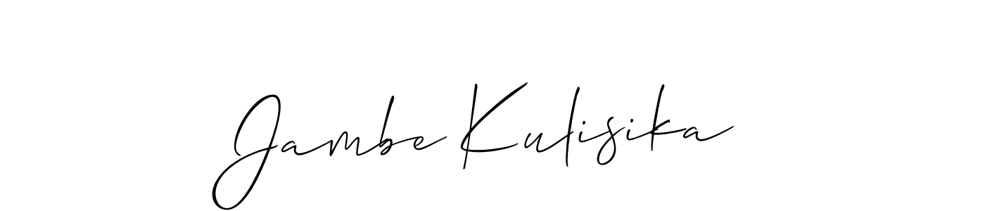 The best way (Allison_Script) to make a short signature is to pick only two or three words in your name. The name Jambe Kulisika include a total of six letters. For converting this name. Jambe Kulisika signature style 2 images and pictures png