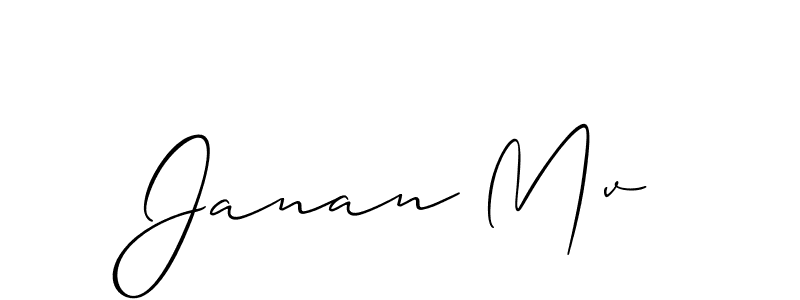The best way (Allison_Script) to make a short signature is to pick only two or three words in your name. The name Janan Mv include a total of six letters. For converting this name. Janan Mv signature style 2 images and pictures png