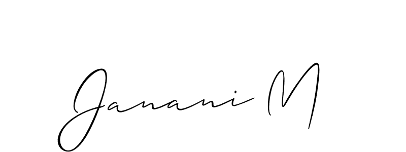 The best way (Allison_Script) to make a short signature is to pick only two or three words in your name. The name Janani M include a total of six letters. For converting this name. Janani M signature style 2 images and pictures png