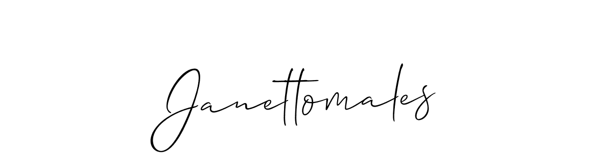 The best way (Allison_Script) to make a short signature is to pick only two or three words in your name. The name Janettomales include a total of six letters. For converting this name. Janettomales signature style 2 images and pictures png