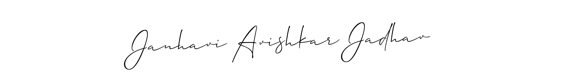Allison_Script is a professional signature style that is perfect for those who want to add a touch of class to their signature. It is also a great choice for those who want to make their signature more unique. Get Janhavi Avishkar Jadhav name to fancy signature for free. Janhavi Avishkar Jadhav signature style 2 images and pictures png