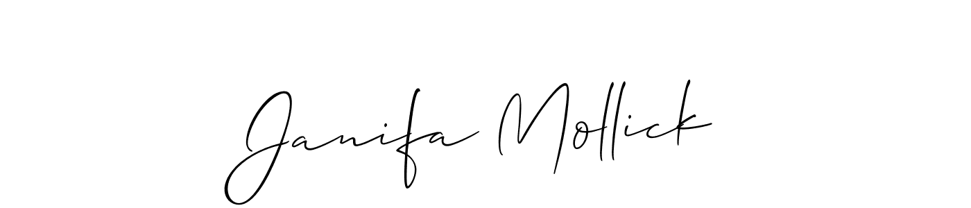 The best way (Allison_Script) to make a short signature is to pick only two or three words in your name. The name Janifa Mollick include a total of six letters. For converting this name. Janifa Mollick signature style 2 images and pictures png