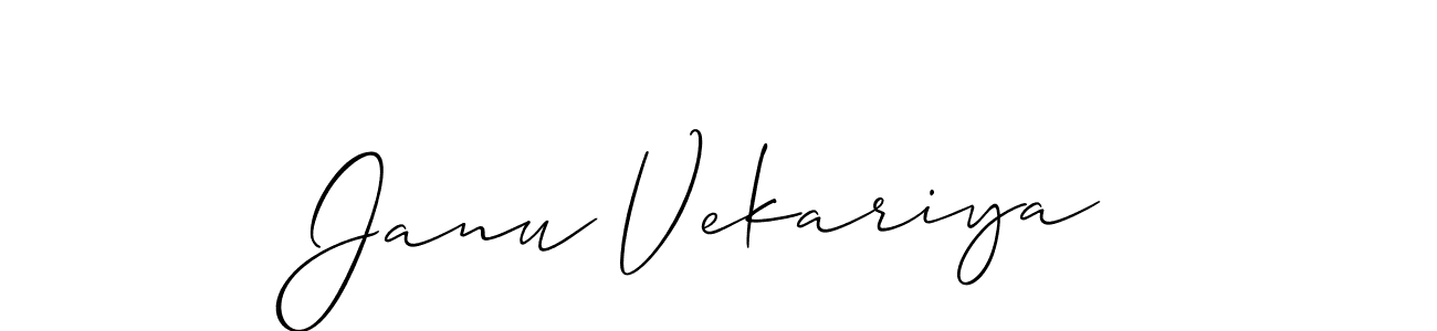 Allison_Script is a professional signature style that is perfect for those who want to add a touch of class to their signature. It is also a great choice for those who want to make their signature more unique. Get Janu Vekariya name to fancy signature for free. Janu Vekariya signature style 2 images and pictures png