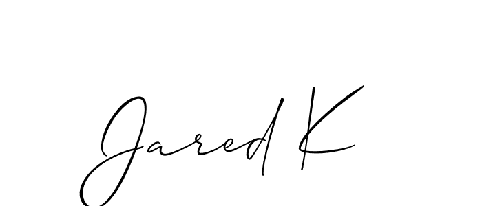 It looks lik you need a new signature style for name Jared K. Design unique handwritten (Allison_Script) signature with our free signature maker in just a few clicks. Jared K signature style 2 images and pictures png