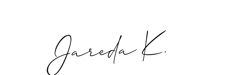 The best way (Allison_Script) to make a short signature is to pick only two or three words in your name. The name Jareda K. include a total of six letters. For converting this name. Jareda K. signature style 2 images and pictures png